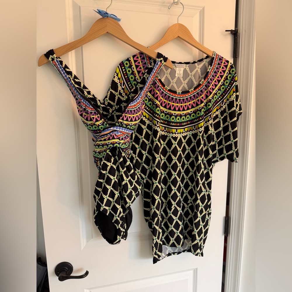 Trina Turk Black and Multicolor Geometric Swimsuit & Cover Up
